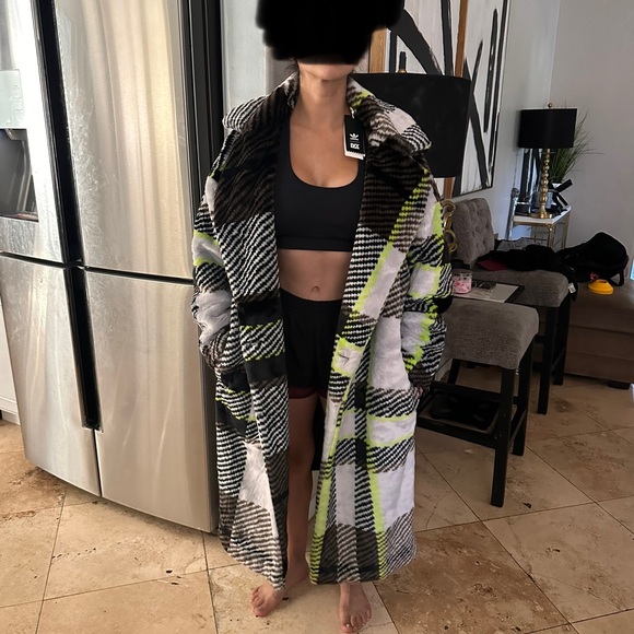 Adidas Ivy park Halls of Ivy plaid faux fur trench coat jacket - Picture 13 of 14